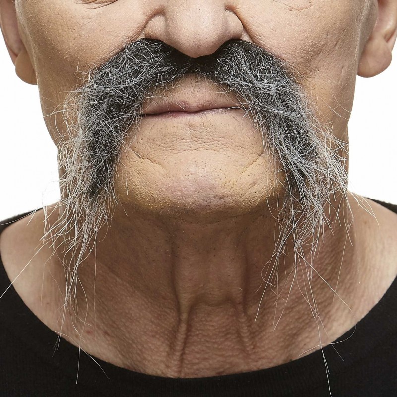 Realistic Fu Manchu mustache, salt and pepper